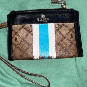 L.A.M.B. Black and Tan Wristlet with Blue Stripe